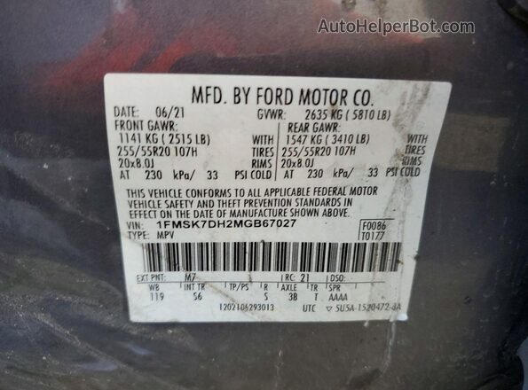 1FMSK7DH2MGB67027 2021 FORD EXPLORER Charcoal Widok naklejki z numerem VIN