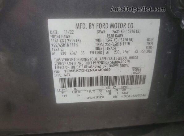 1FMSK7DH2NGC49499 2022 FORD EXPLORER Угольный Вид наклейки с VIN-кодом