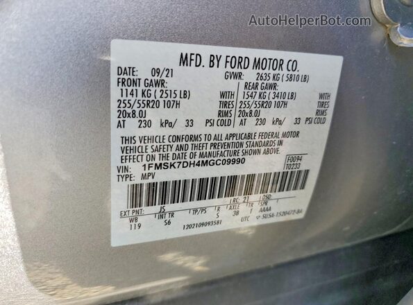 1FMSK7DH4MGC09990 2021 FORD FORD EXPLORER Silver Вид наклейки з VIN-кодом