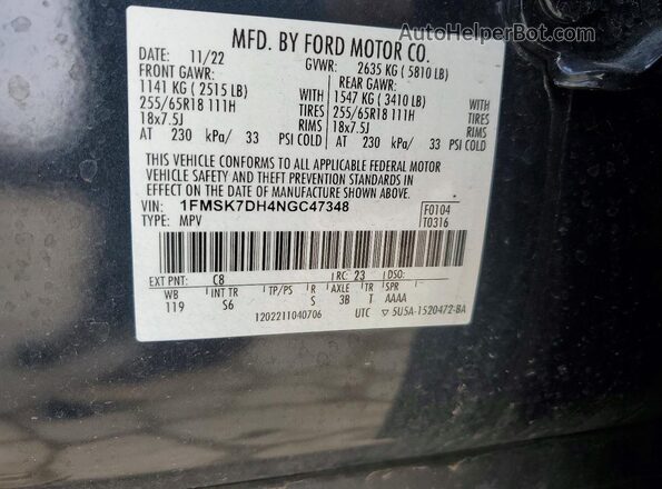 1FMSK7DH4NGC47348 2022 FORD EXPLORER Серый Вид наклейки с VIN-кодом