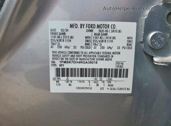 1FMSK7DH4RGA38018 2024 FORD EXPLORER Серебряный Вид наклейки с VIN-кодом