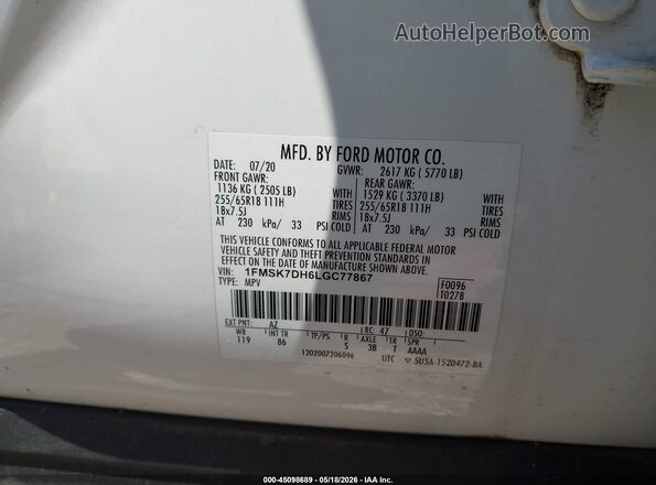 1FMSK7DH6LGC77867 2020 FORD EXPLORER Белый Вид подкапотного пространства