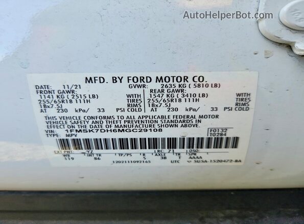 1FMSK7DH6MGC29108 2021 FORD EXPLORER Белый Вид наклейки с VIN-кодом