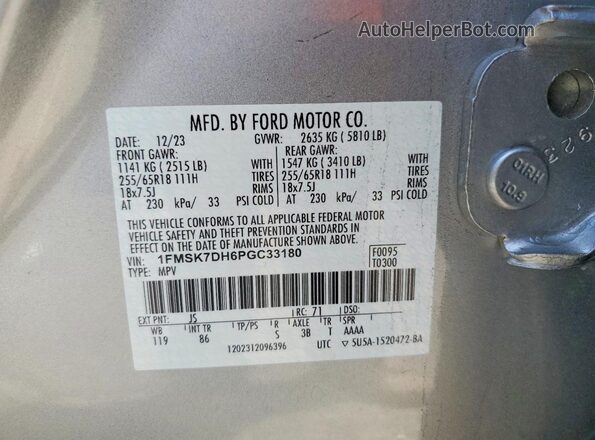 1FMSK7DH6PGC33180 2023 FORD EXPLORER Silver Вид наклейки з VIN-кодом