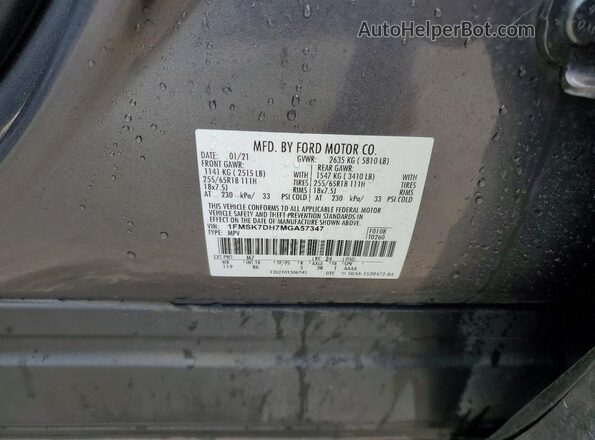 1FMSK7DH7MGA57347 2021 FORD EXPLORER Gray Vista interior de 360 grados