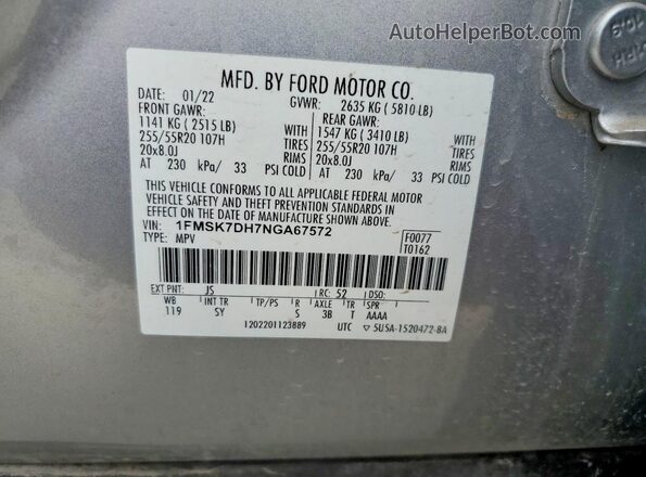 1FMSK7DH7NGA67572 2022 FORD EXPLORER Серебряный Панорамный вид салона 360°