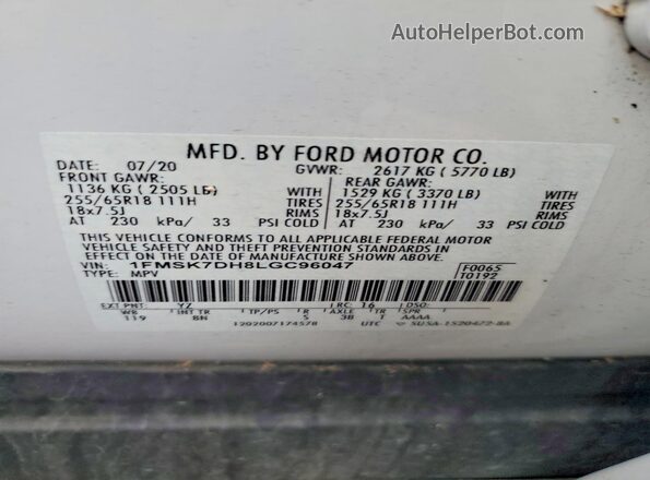 1FMSK7DH8LGC96047 2020 FORD EXPLORER White Widok naklejki z numerem VIN
