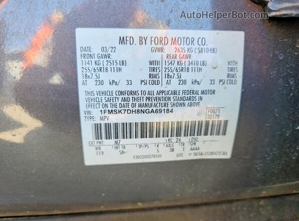 1FMSK7DH8NGA69184 2022 FORD EXPLORER Gray სალონის 360-გრადუსიანი ხედი