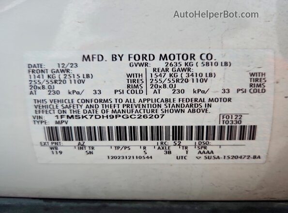 1FMSK7DH9PGC26207 2023 FORD EXPLORER Белый Панорамный вид салона 360°