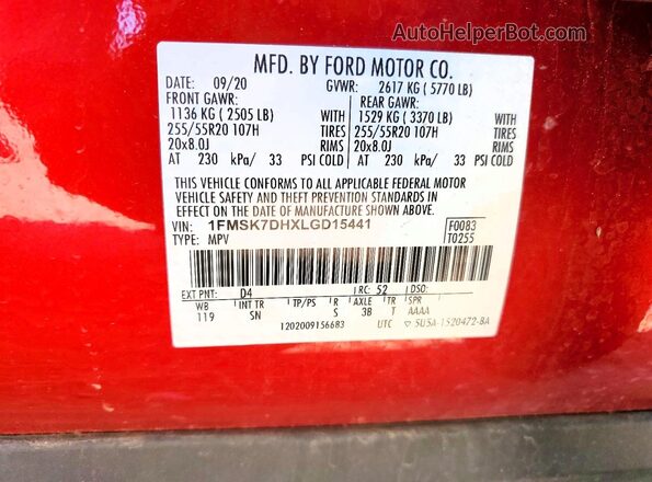 1FMSK7DHXLGD15441 2020 FORD EXPLORER Красный Вид наклейки с VIN-кодом