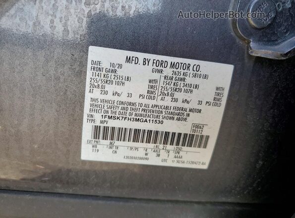1FMSK7FH3MGA11530 2021 FORD EXPLORER Gray Widok wnętrza 360 stopni
