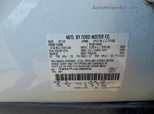 1FMSK7FH4LGB80552 2020 FORD EXPLORER White VIN კოდის სტიკერის ხედი