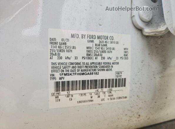 1FMSK7FH6MGA88182 2021 FORD EXPLORER Белый Вид наклейки с VIN-кодом