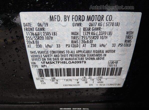 1FMSK7FH8LGA09979 2020 FORD FORD EXPLORER Black Widok komory silnika