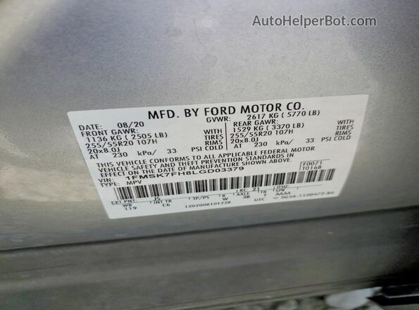 1FMSK7FH8LGD03379 2020 FORD FORD EXPLORER Silver VIN კოდის სტიკერის ხედი