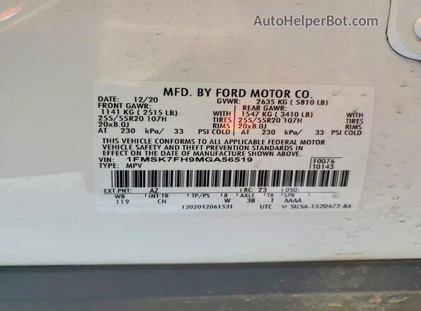 1FMSK7FH9MGA56519 2021 FORD EXPLORER Белый Вид наклейки с VIN-кодом