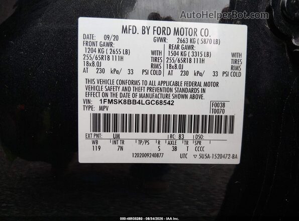 1FMSK8BB4LGC68542 2020 FORD EXPLORER Черный Вид подкапотного пространства