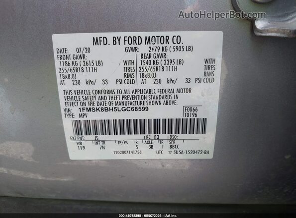 1FMSK8BH5LGC68599 2020 FORD EXPLORER Серебряный Вид подкапотного пространства