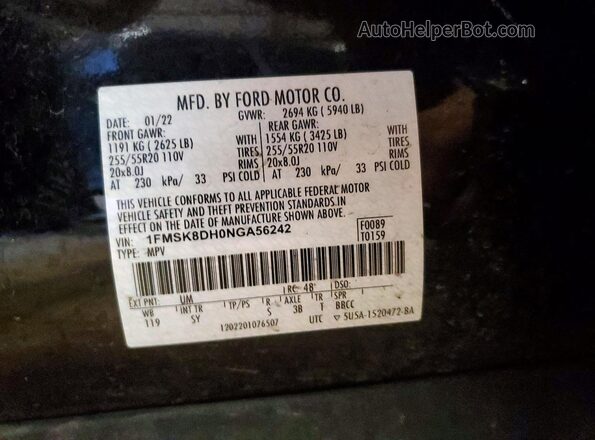 1FMSK8DH0NGA56242 2022 FORD EXPLORER Black VIN კოდის სტიკერის ხედი