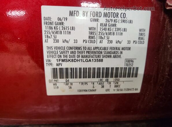 1FMSK8DH1LGA13588 2020 FORD EXPLORER Red Vista de la etiqueta del VIN