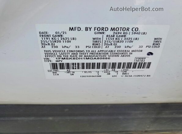 1FMSK8DH1MGA80886 2021 FORD EXPLORER White სალონის 360-გრადუსიანი ხედი