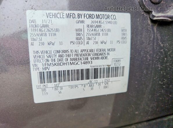 1FMSK8DH1MGC14893 2021 FORD EXPLORER Серый Вид наклейки с VIN-кодом