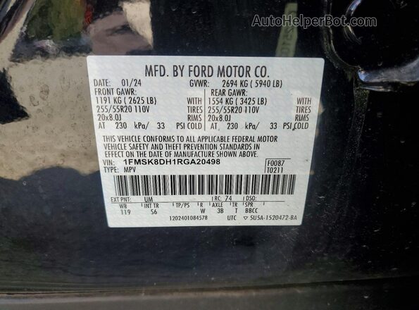 1FMSK8DH1RGA20498 2024 FORD EXPLORER Черный Панорамный вид салона 360°