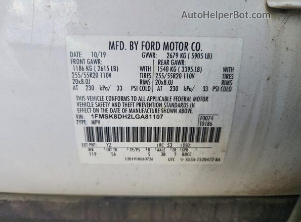 1FMSK8DH2LGA81107 2020 FORD EXPLORER Белый Вид наклейки с VIN-кодом