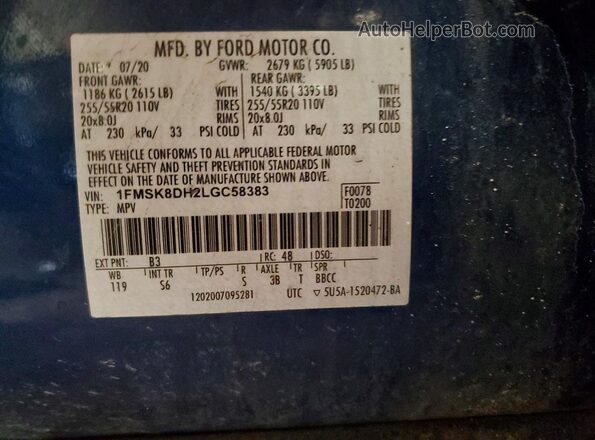 1FMSK8DH2LGC58383 2020 FORD EXPLORER Синий Вид наклейки с VIN-кодом