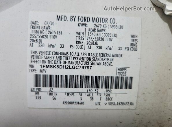 1FMSK8DH2LGC79797 2020 FORD EXPLORER White Vista de la etiqueta del VIN