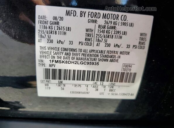 1FMSK8DH2LGC95935 2020 FORD EXPLORER Black Вид наклейки з VIN-кодом