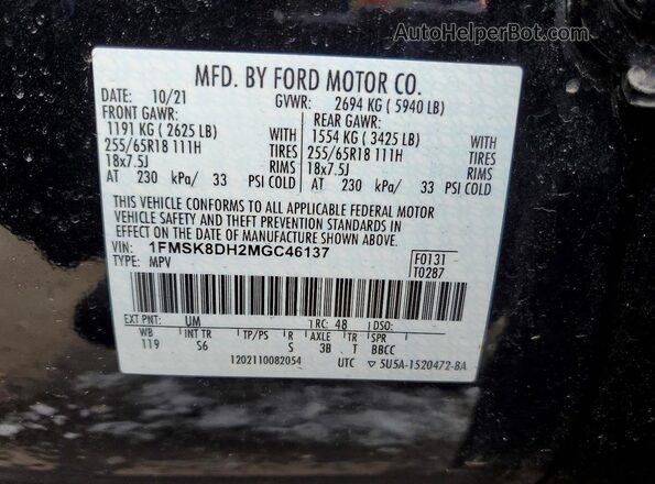 1FMSK8DH2MGC46137 2021 FORD EXPLORER Black Vista de la etiqueta del VIN