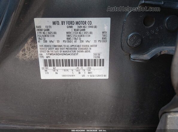 1FMSK8DH2NGA33237 2022 FORD EXPLORER Gray Вид підкапотного простору