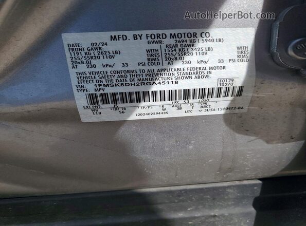 1FMSK8DH2RGA45118 2024 FORD EXPLORER Серебряный Вид наклейки с VIN-кодом