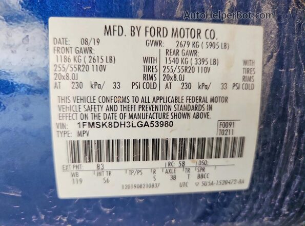 1FMSK8DH3LGA53980 2020 FORD EXPLORER Blue VIN sticker view
