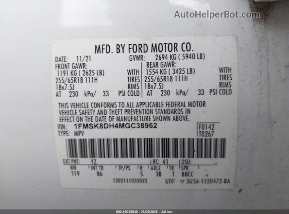 1FMSK8DH4MGC38962 2021 FORD FORD EXPLORER White Вид підкапотного простору