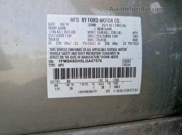 1FMSK8DH5LGA57576 2020 FORD FORD EXPLORER Зеленый Вид наклейки с VIN-кодом