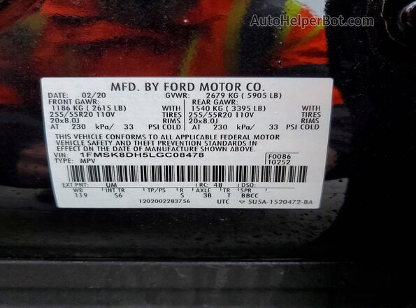 1FMSK8DH5LGC08478 2020 FORD EXPLORER Черный Вид наклейки с VIN-кодом