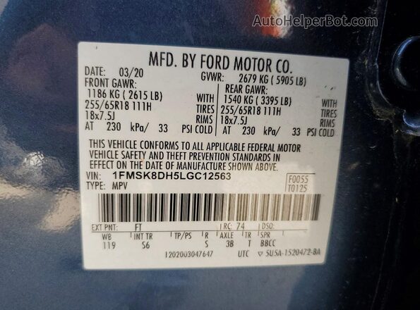 1FMSK8DH5LGC12563 2020 FORD FORD EXPLORER Blue Engine compartment view