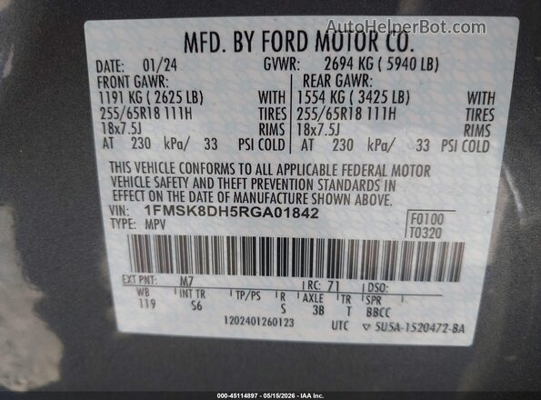 1FMSK8DH5RGA01842 2024 FORD EXPLORER Gray Widok komory silnika