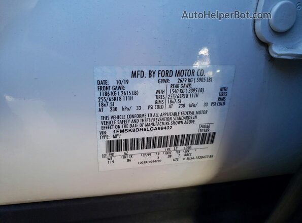 1FMSK8DH6LGA99402 2020 FORD EXPLORER Белый Вид наклейки с VIN-кодом