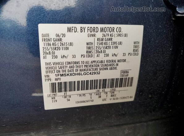 1FMSK8DH6LGC42932 2020 FORD FORD EXPLORER Blue ძრავის განყოფილების ხედი