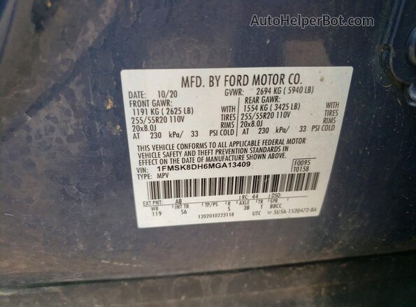 1FMSK8DH6MGA13409 2021 FORD EXPLORER Синий Вид наклейки с VIN-кодом