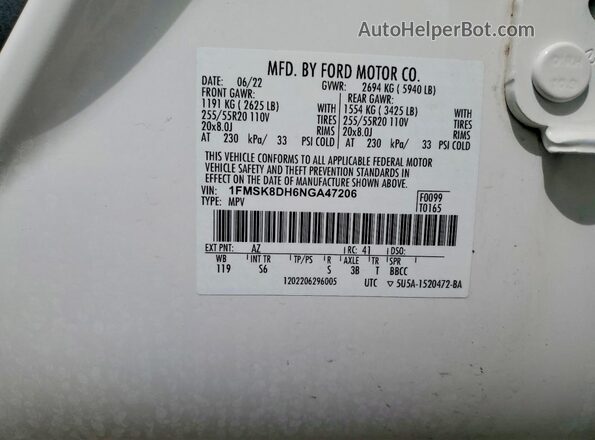 1FMSK8DH6NGA47206 2022 FORD EXPLORER White VIN sticker view