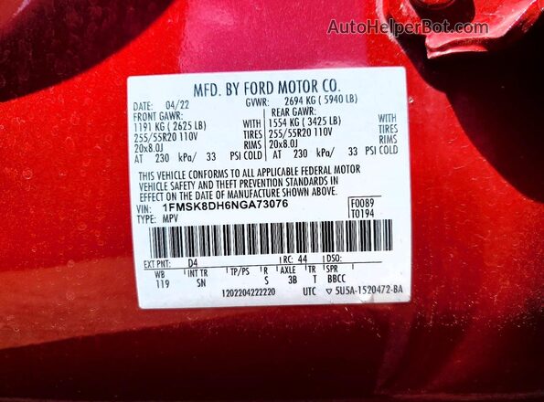 1FMSK8DH6NGA73076 2022 FORD EXPLORER Red Widok naklejki z numerem VIN