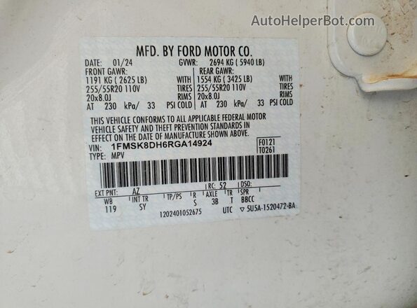 1FMSK8DH6RGA14924 2024 FORD EXPLORER Белый Вид наклейки с VIN-кодом