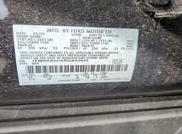 1FMSK8DH6RGA53643 2024 FORD EXPLORER Черный Панорамный вид салона 360°