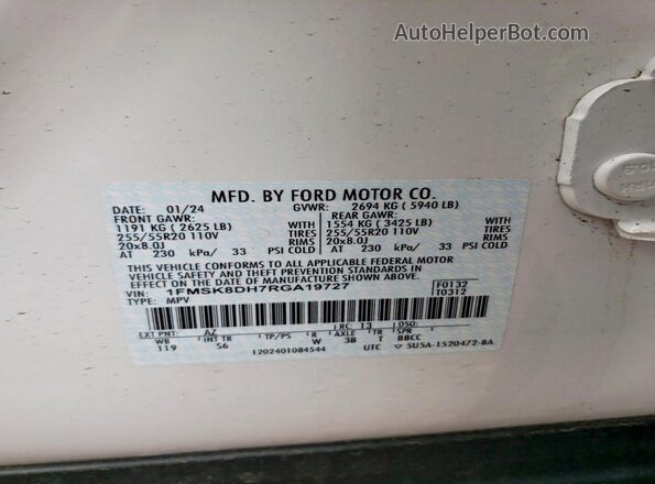 1FMSK8DH7RGA19727 2024 FORD EXPLORER White Vista interior de 360 grados