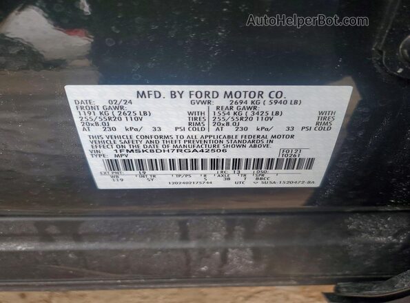 1FMSK8DH7RGA42506 2024 FORD EXPLORER Green Widok naklejki z numerem VIN