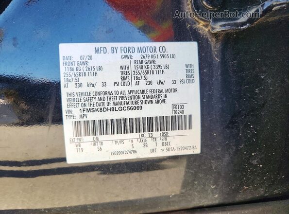 1FMSK8DH8LGC56069 2020 FORD EXPLORER Black VIN კოდის სტიკერის ხედი